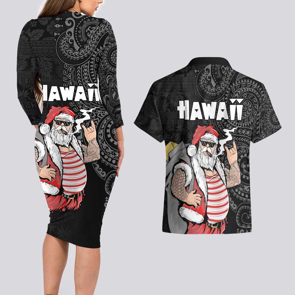Hawaii Aloha Santa Claus Funny Polynesian Tattoo Couples Matching Long Sleeve Bodycon Dress and Hawaiian Shirt Black Color LT03 - Polynesian Pride