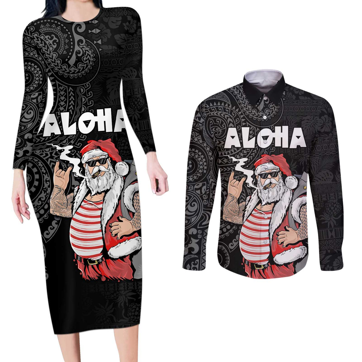 Hawaii Aloha Santa Claus Funny Polynesian Tattoo Couples Matching Long Sleeve Bodycon Dress and Long Sleeve Button Shirt Black Color