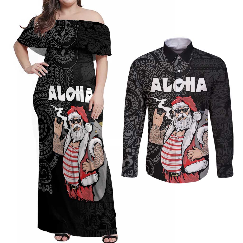 Hawaii Aloha Santa Claus Funny Polynesian Tattoo Couples Matching Off Shoulder Maxi Dress and Long Sleeve Button Shirt Black Color