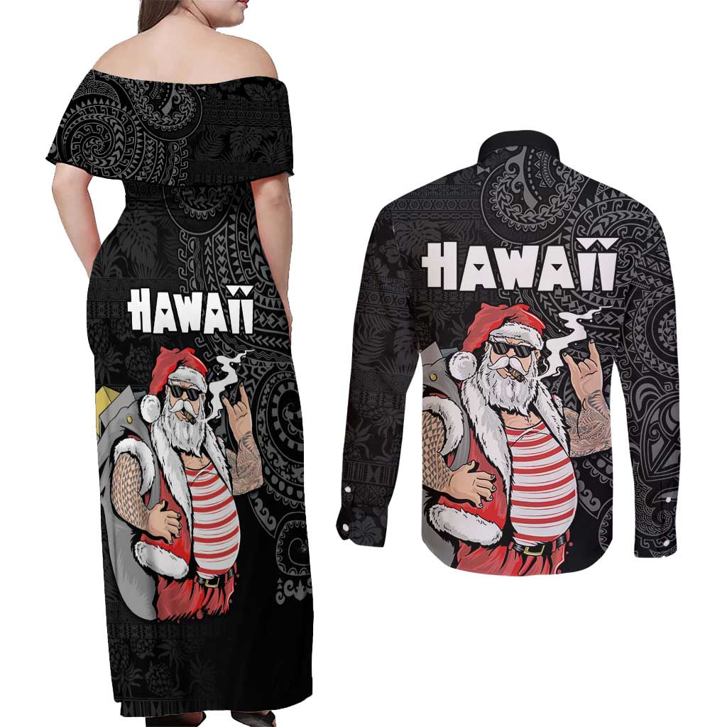 Hawaii Aloha Santa Claus Funny Polynesian Tattoo Couples Matching Off Shoulder Maxi Dress and Long Sleeve Button Shirt Black Color
