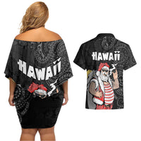 Hawaii Aloha Santa Claus Funny Polynesian Tattoo Couples Matching Off Shoulder Short Dress and Hawaiian Shirt Black Color
