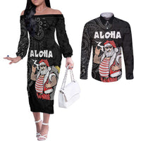 Hawaii Aloha Santa Claus Funny Polynesian Tattoo Couples Matching Off The Shoulder Long Sleeve Dress and Long Sleeve Button Shirt Black Color