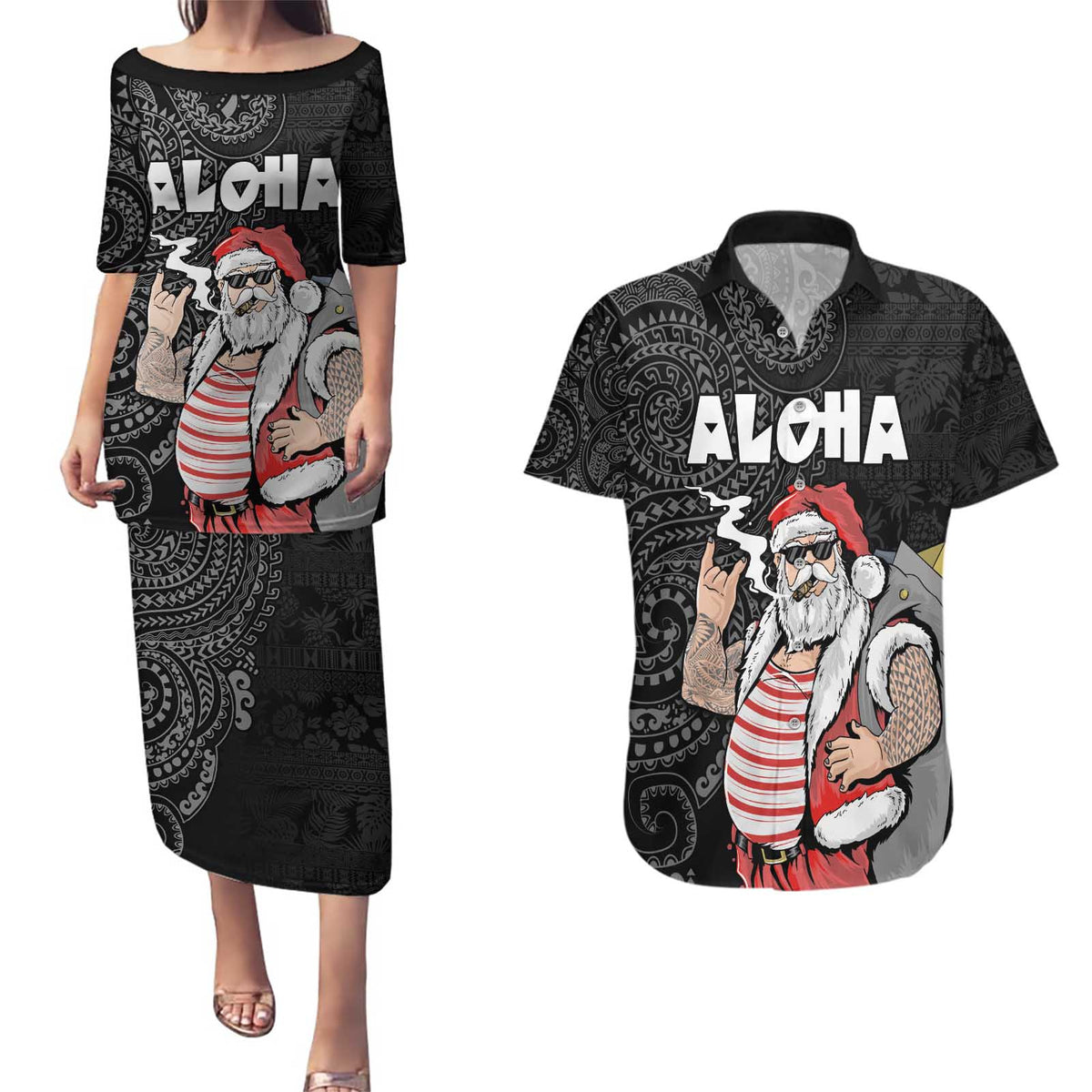 Hawaii Aloha Santa Claus Funny Polynesian Tattoo Couples Matching Puletasi and Hawaiian Shirt Black Color LT03 Black - Polynesian Pride