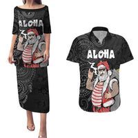 Hawaii Aloha Santa Claus Funny Polynesian Tattoo Couples Matching Puletasi and Hawaiian Shirt Black Color LT03 Black - Polynesian Pride