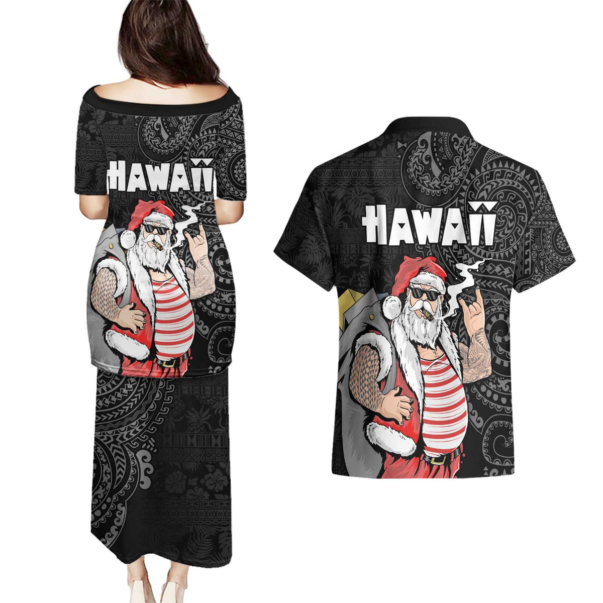 Hawaii Aloha Santa Claus Funny Polynesian Tattoo Couples Matching Puletasi and Hawaiian Shirt Black Color LT03 - Polynesian Pride