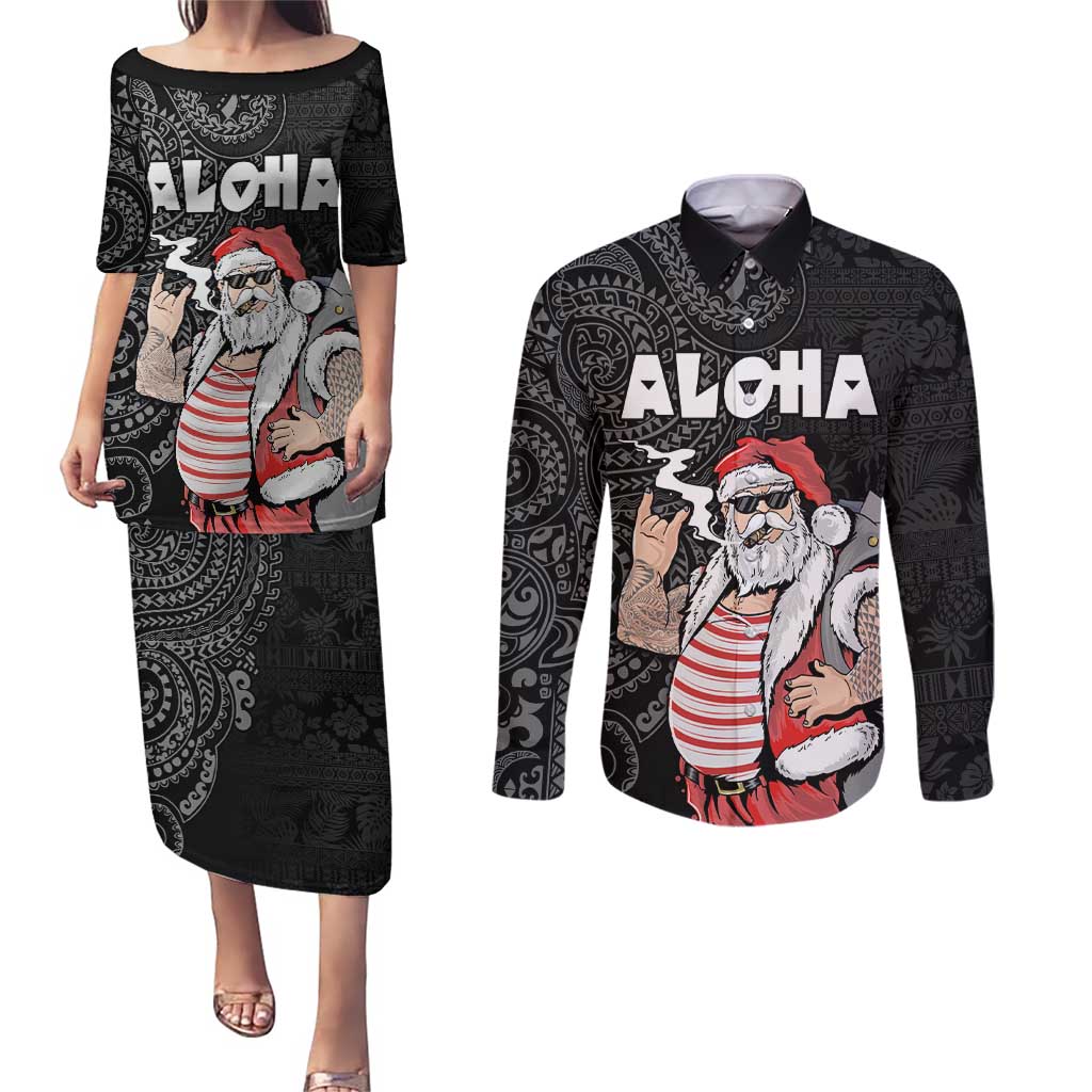 Hawaii Aloha Santa Claus Funny Polynesian Tattoo Couples Matching Puletasi and Long Sleeve Button Shirt Black Color LT03 Black - Polynesian Pride