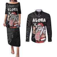 Hawaii Aloha Santa Claus Funny Polynesian Tattoo Couples Matching Puletasi and Long Sleeve Button Shirt Black Color LT03 Black - Polynesian Pride