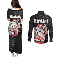 Hawaii Aloha Santa Claus Funny Polynesian Tattoo Couples Matching Puletasi and Long Sleeve Button Shirt Black Color LT03 - Polynesian Pride
