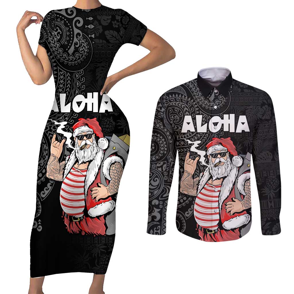 Hawaii Aloha Santa Claus Funny Polynesian Tattoo Couples Matching Short Sleeve Bodycon Dress and Long Sleeve Button Shirt Black Color