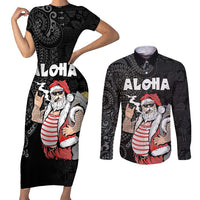 Hawaii Aloha Santa Claus Funny Polynesian Tattoo Couples Matching Short Sleeve Bodycon Dress and Long Sleeve Button Shirt Black Color