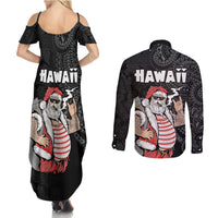 Hawaii Aloha Santa Claus Funny Polynesian Tattoo Couples Matching Summer Maxi Dress and Long Sleeve Button Shirt Black Color