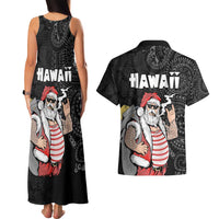 Hawaii Aloha Santa Claus Funny Polynesian Tattoo Couples Matching Tank Maxi Dress and Hawaiian Shirt Black Color