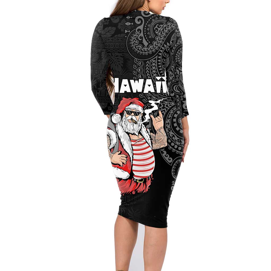 Hawaii Aloha Santa Claus Funny Polynesian Tattoo Family Matching Long Sleeve Bodycon Dress and Hawaiian Shirt Black Color LT03 - Polynesian Pride