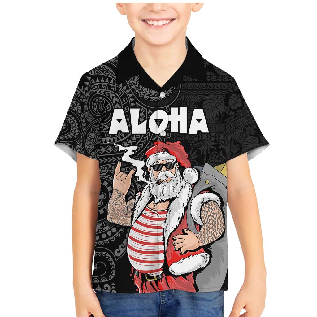 Hawaii Aloha Santa Claus Funny Polynesian Tattoo Family Matching Mermaid Dress and Hawaiian Shirt Black Color LT03 Son's Shirt Black - Polynesian Pride