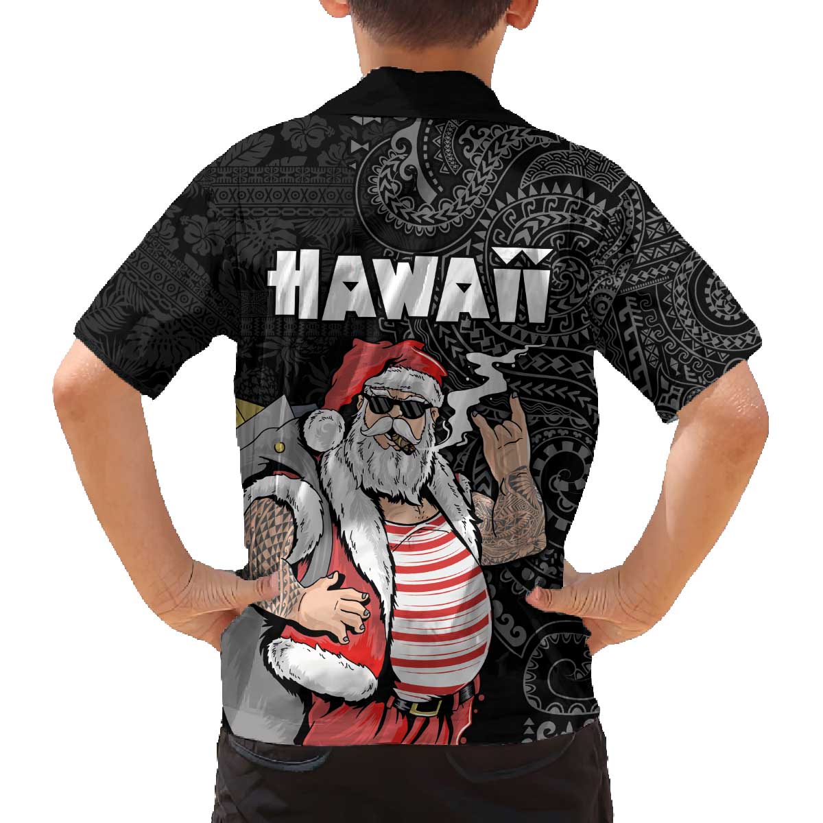 Hawaii Aloha Santa Claus Funny Polynesian Tattoo Family Matching Off The Shoulder Long Sleeve Dress and Hawaiian Shirt Black Color LT03 - Polynesian Pride