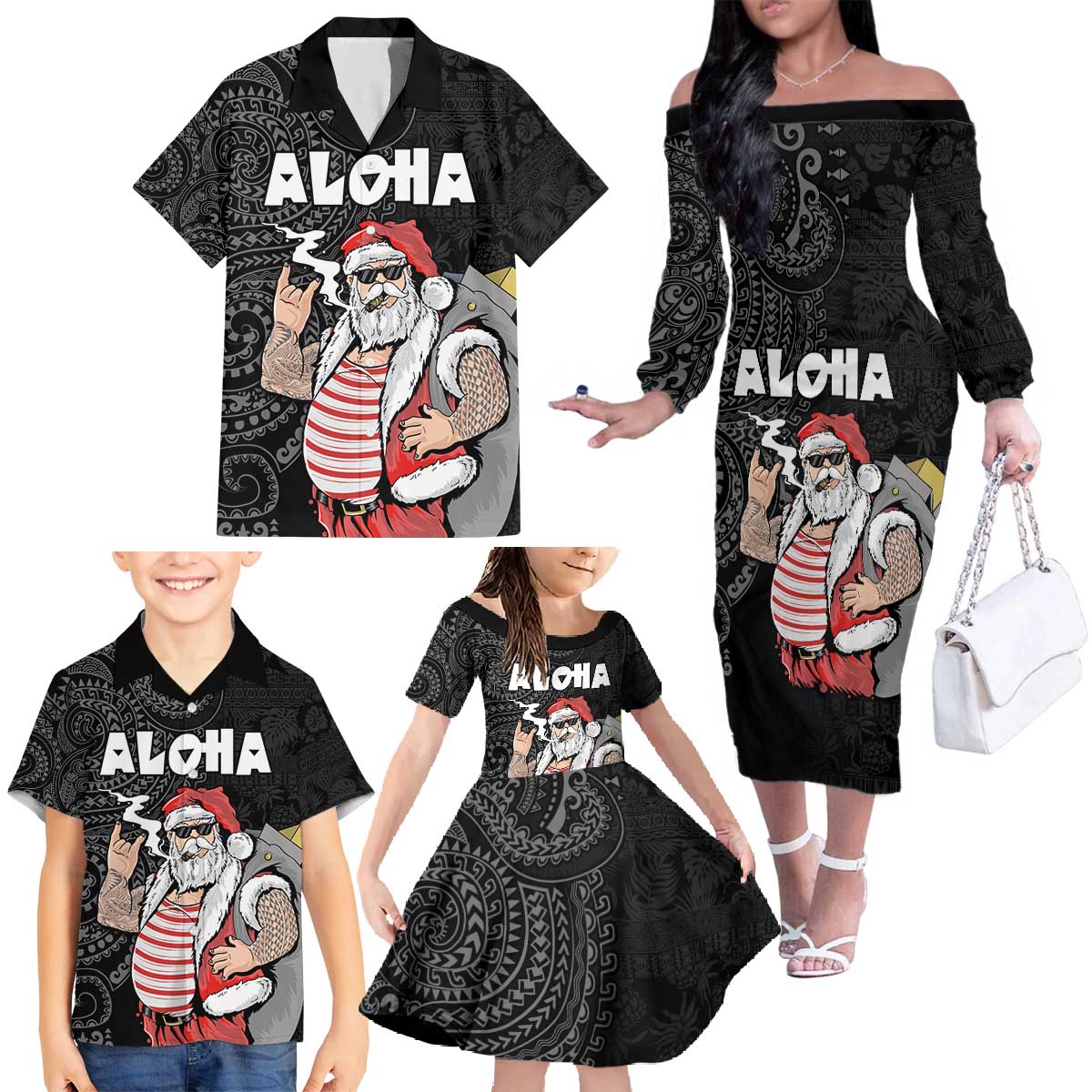 Hawaii Aloha Santa Claus Funny Polynesian Tattoo Family Matching Off The Shoulder Long Sleeve Dress and Hawaiian Shirt Black Color LT03 - Polynesian Pride
