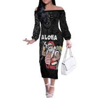 Hawaii Aloha Santa Claus Funny Polynesian Tattoo Family Matching Off The Shoulder Long Sleeve Dress and Hawaiian Shirt Black Color LT03 Mom's Dress Black - Polynesian Pride