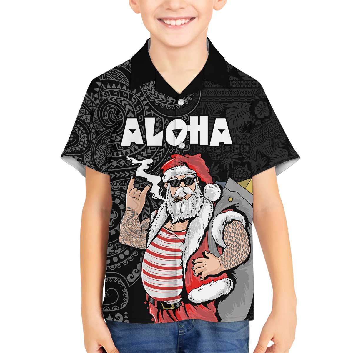 Hawaii Aloha Santa Claus Funny Polynesian Tattoo Family Matching Off The Shoulder Long Sleeve Dress and Hawaiian Shirt Black Color LT03 Son's Shirt Black - Polynesian Pride