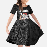 Hawaii Aloha Santa Claus Funny Polynesian Tattoo Family Matching Off Shoulder Maxi Dress and Hawaiian Shirt Black Color LT03 Daughter's Dress Black - Polynesian Pride