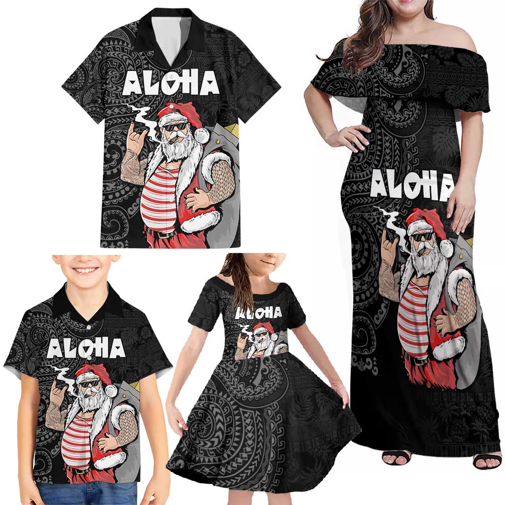 Hawaii Aloha Santa Claus Funny Polynesian Tattoo Family Matching Off Shoulder Maxi Dress and Hawaiian Shirt Black Color LT03 - Polynesian Pride