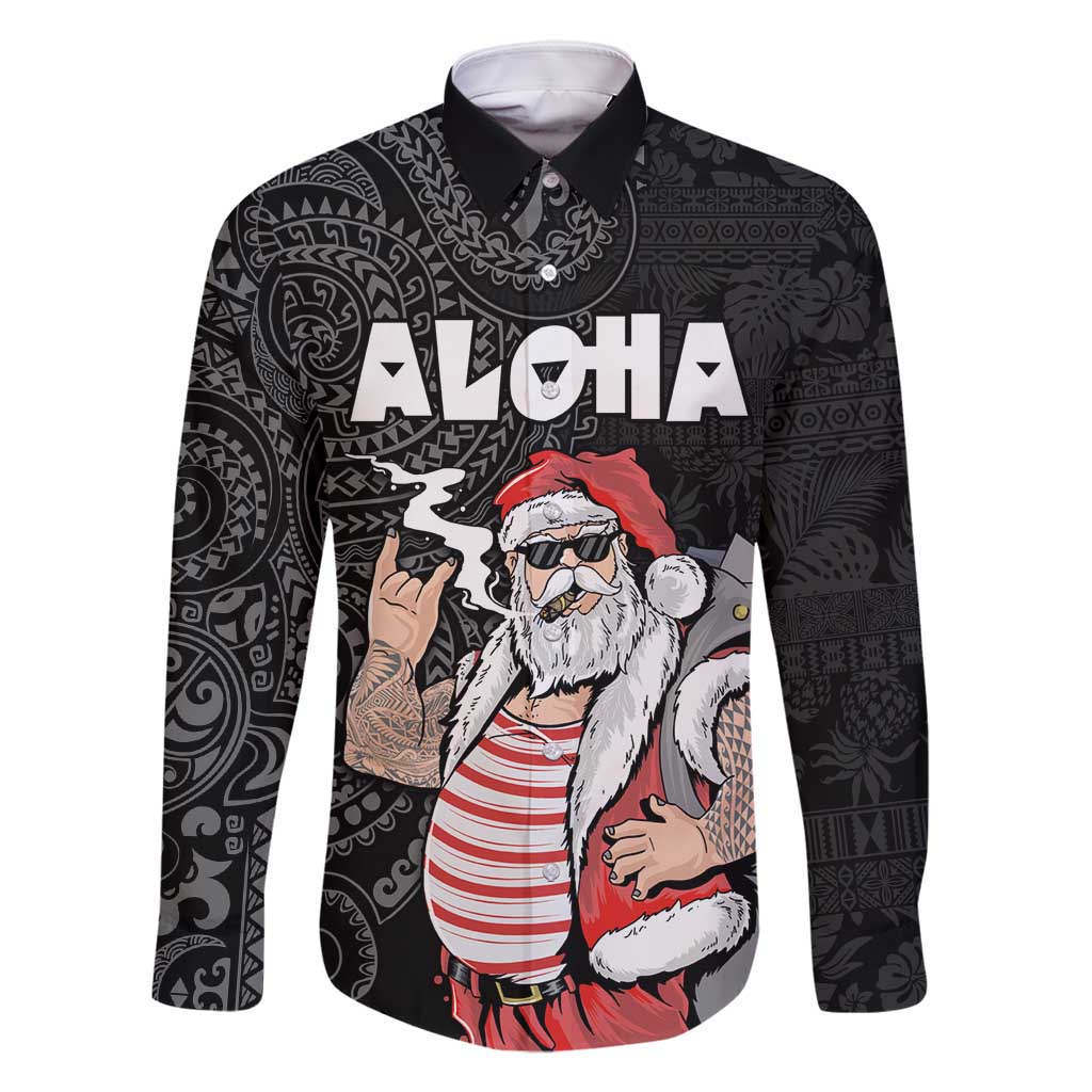 Hawaii Aloha Santa Claus Funny Polynesian Tattoo Family Matching Off Shoulder Maxi Dress and Hawaiian Shirt Black Color LT03 Dad's Shirt - Long Sleeve Black - Polynesian Pride