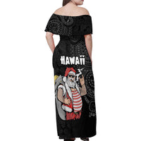 Hawaii Aloha Santa Claus Funny Polynesian Tattoo Family Matching Off Shoulder Maxi Dress and Hawaiian Shirt Black Color LT03 - Polynesian Pride