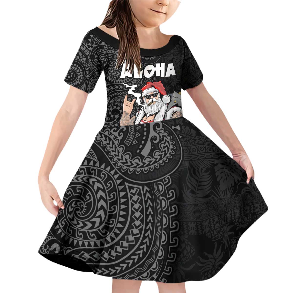 Hawaii Aloha Santa Claus Funny Polynesian Tattoo Family Matching Off Shoulder Short Dress and Hawaiian Shirt Black Color LT03 Daughter's Dress Black - Polynesian Pride