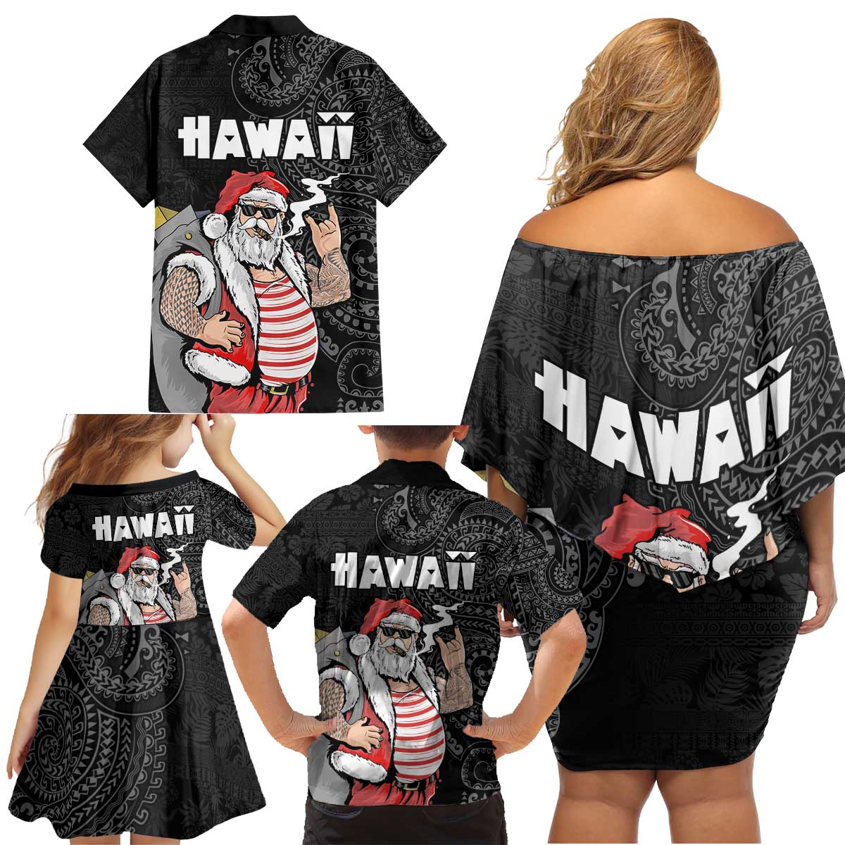 Hawaii Aloha Santa Claus Funny Polynesian Tattoo Family Matching Off Shoulder Short Dress and Hawaiian Shirt Black Color LT03 - Polynesian Pride