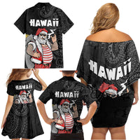 Hawaii Aloha Santa Claus Funny Polynesian Tattoo Family Matching Off Shoulder Short Dress and Hawaiian Shirt Black Color LT03 - Polynesian Pride