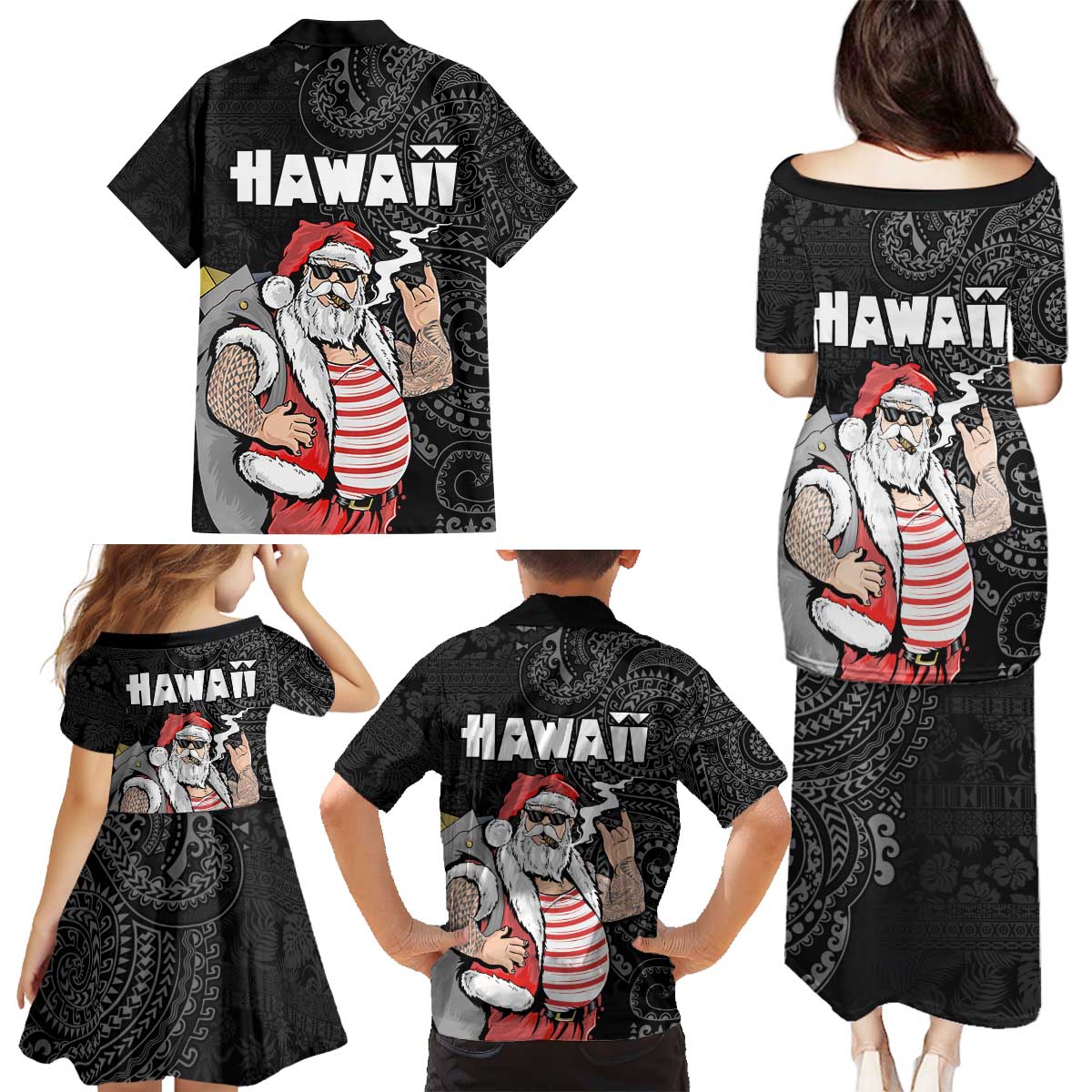 Hawaii Aloha Santa Claus Funny Polynesian Tattoo Family Matching Puletasi and Hawaiian Shirt Black Color LT03 - Polynesian Pride