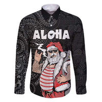 Hawaii Aloha Santa Claus Funny Polynesian Tattoo Family Matching Puletasi and Hawaiian Shirt Black Color LT03 Dad's Shirt - Long Sleeve Black - Polynesian Pride
