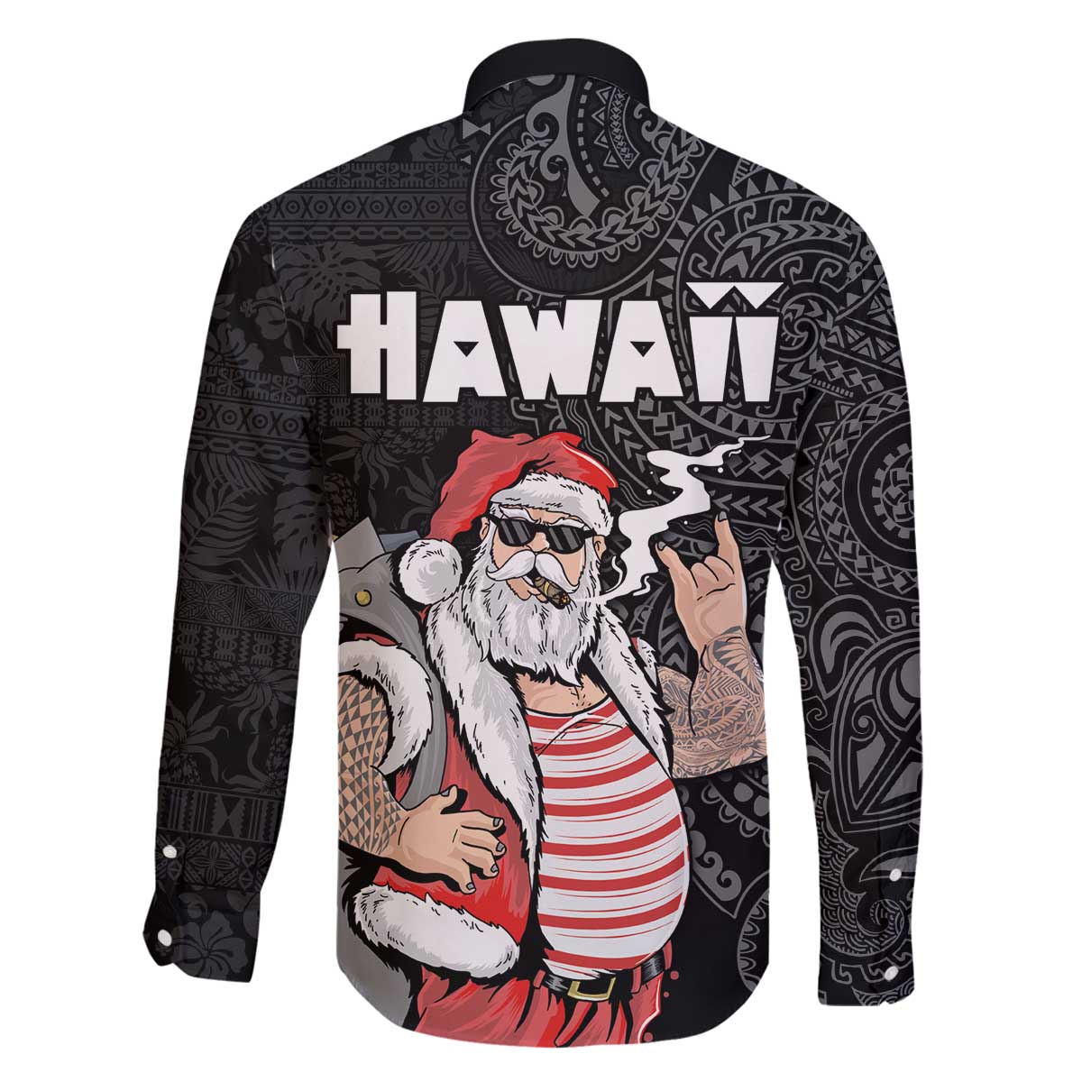 Hawaii Aloha Santa Claus Funny Polynesian Tattoo Family Matching Puletasi and Hawaiian Shirt Black Color LT03 - Polynesian Pride