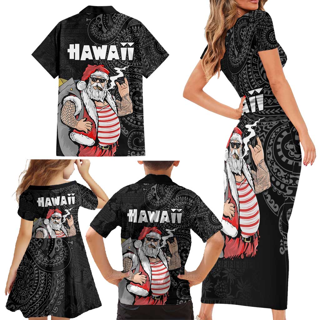 Hawaii Aloha Santa Claus Funny Polynesian Tattoo Family Matching Short Sleeve Bodycon Dress and Hawaiian Shirt Black Color LT03 - Polynesian Pride