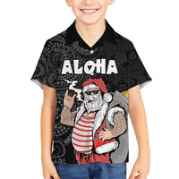 Hawaii Aloha Santa Claus Funny Polynesian Tattoo Family Matching Short Sleeve Bodycon Dress and Hawaiian Shirt Black Color LT03 Son's Shirt Black - Polynesian Pride