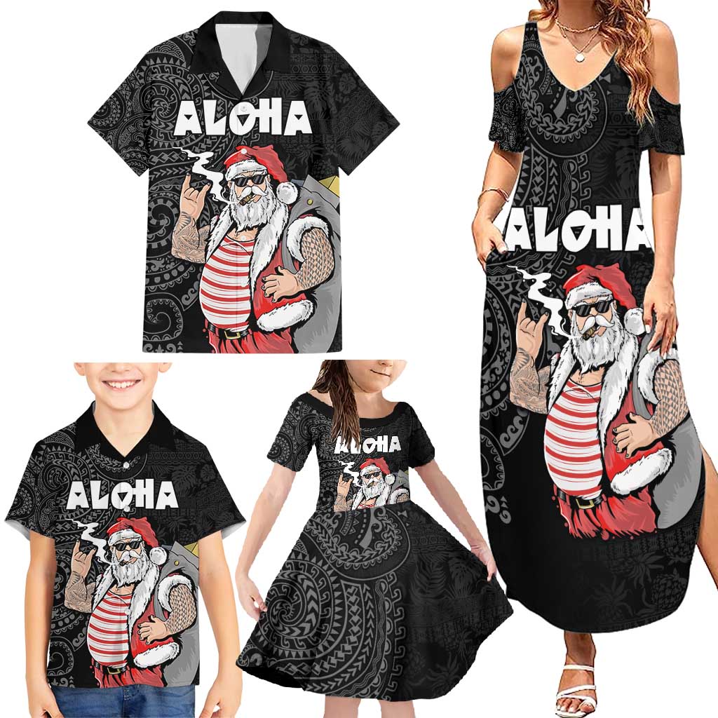 Hawaii Aloha Santa Claus Funny Polynesian Tattoo Family Matching Summer Maxi Dress and Hawaiian Shirt Black Color LT03 - Polynesian Pride