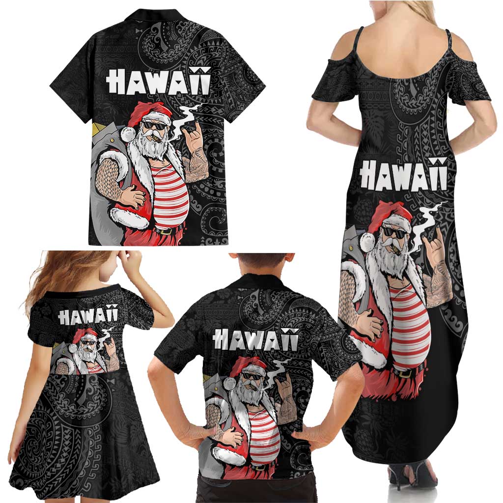 Hawaii Aloha Santa Claus Funny Polynesian Tattoo Family Matching Summer Maxi Dress and Hawaiian Shirt Black Color LT03 - Polynesian Pride