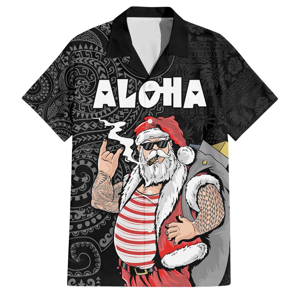 Hawaii Aloha Santa Claus Funny Polynesian Tattoo Family Matching Tank Maxi Dress and Hawaiian Shirt Black Color LT03 Dad's Shirt - Short Sleeve Black - Polynesian Pride