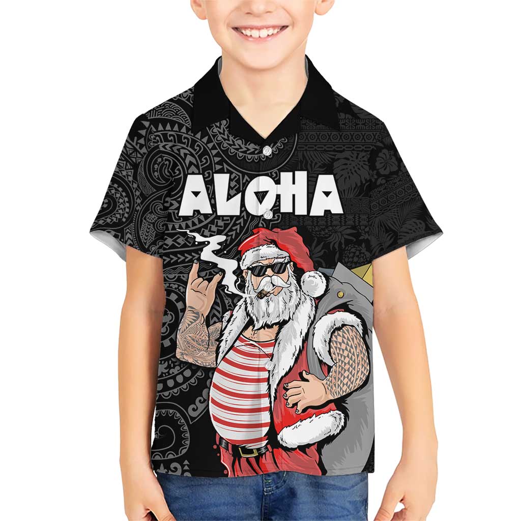 Hawaii Aloha Santa Claus Funny Polynesian Tattoo Kid Hawaiian Shirt Black Color LT03 Kid Black - Polynesian Pride