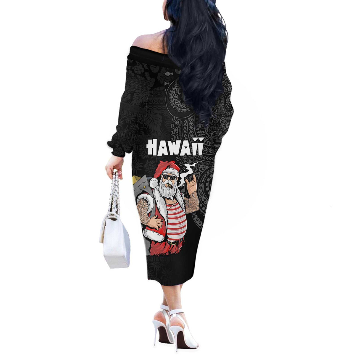 Hawaii Aloha Santa Claus Funny Polynesian Tattoo Off The Shoulder Long Sleeve Dress Black Color LT03 - Polynesian Pride