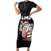 Hawaii Aloha Santa Claus Funny Polynesian Tattoo Short Sleeve Bodycon Dress Black Color LT03 Long Dress Black - Polynesian Pride