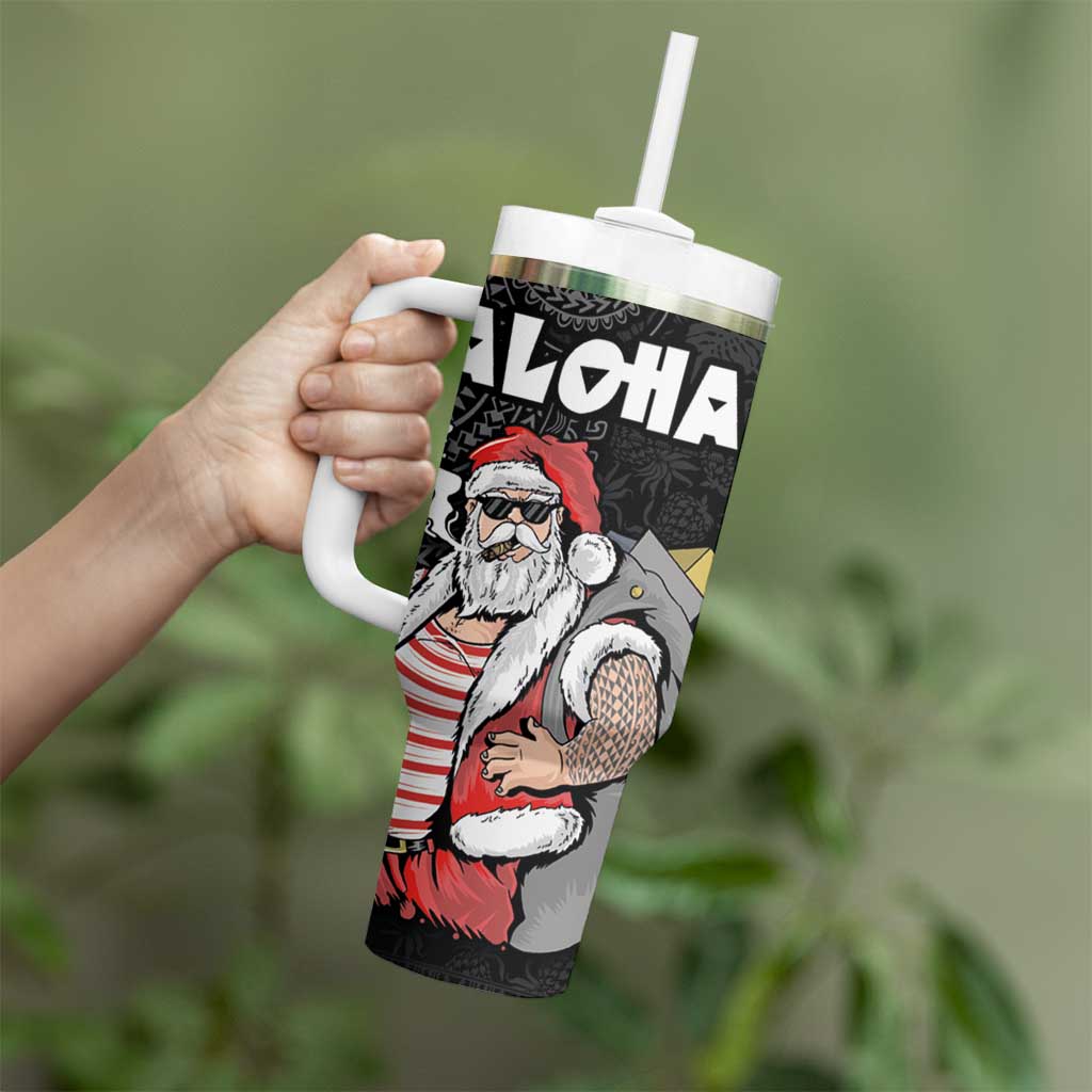 Hawaii Aloha Santa Claus Funny Polynesian Tattoo Tumbler With Handle Black Color