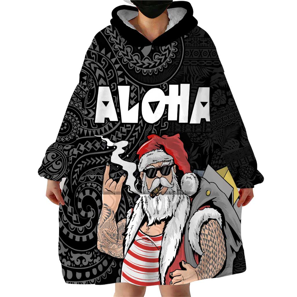 Hawaii Aloha Santa Claus Funny Polynesian Tattoo Wearable Blanket Hoodie Black Color LT03 - Polynesian Pride