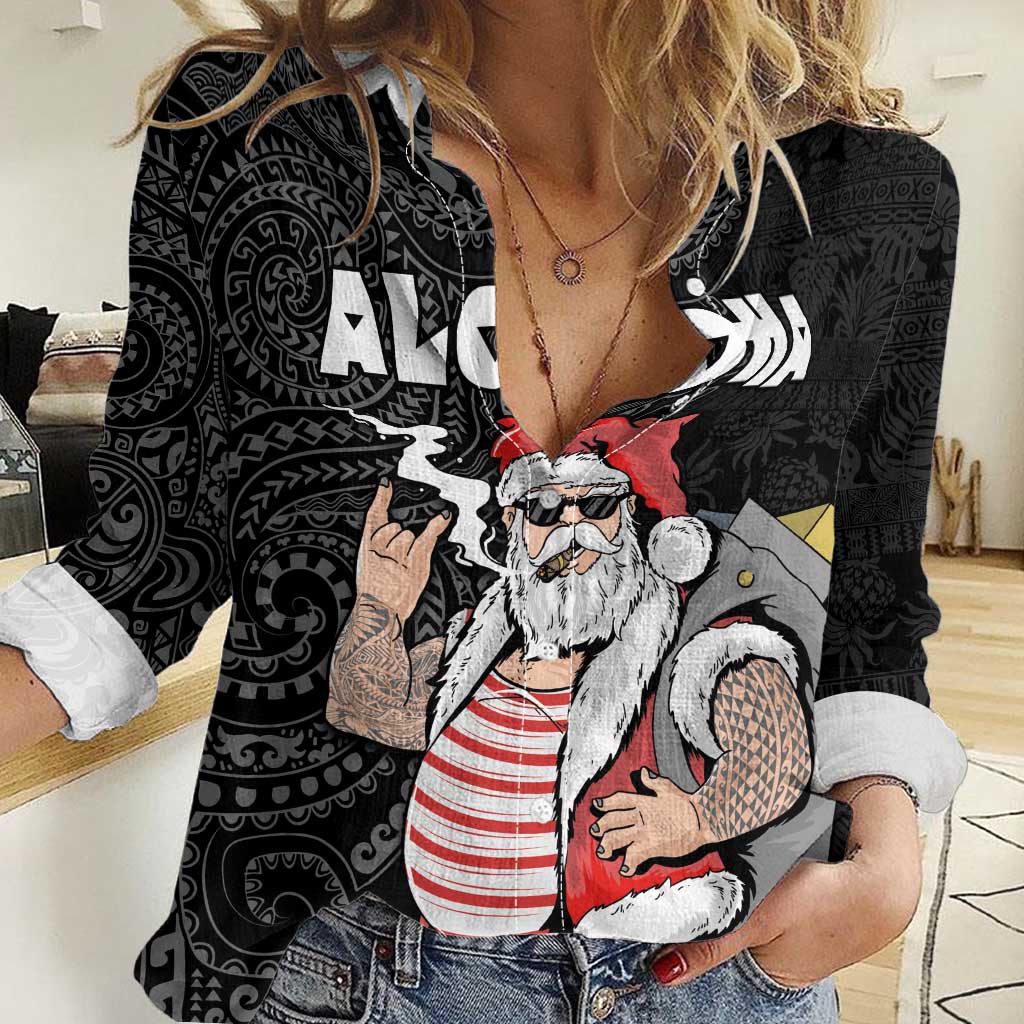Hawaii Aloha Santa Claus Funny Polynesian Tattoo Women Casual Shirt Black Color LT03 Female Black - Polynesian Pride
