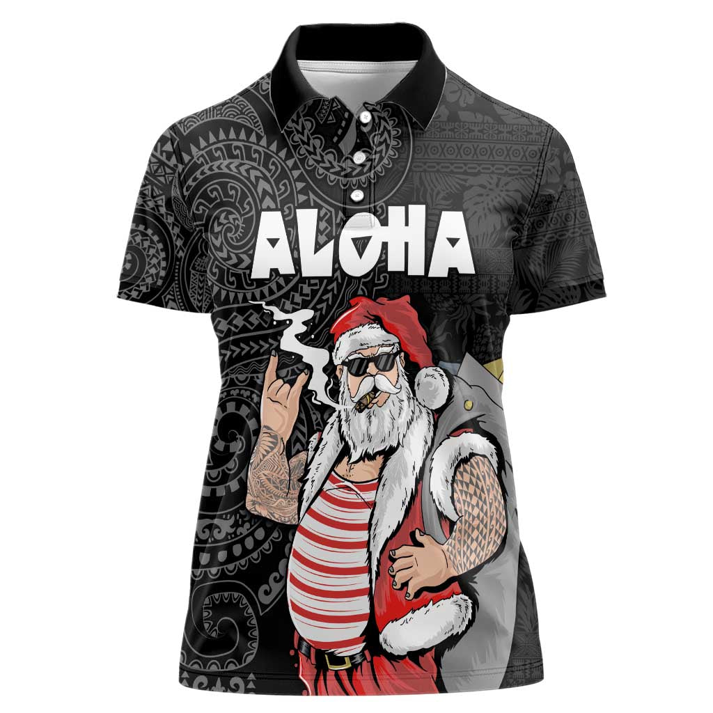 Hawaii Aloha Santa Claus Funny Polynesian Tattoo Women Polo Shirt Black Color LT03 Female Black - Polynesian Pride