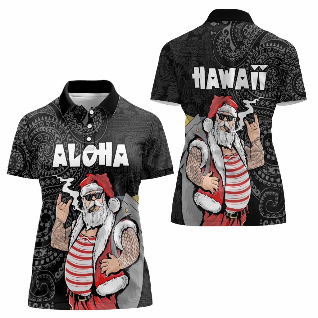 Hawaii Aloha Santa Claus Funny Polynesian Tattoo Women Polo Shirt Black Color LT03 - Polynesian Pride