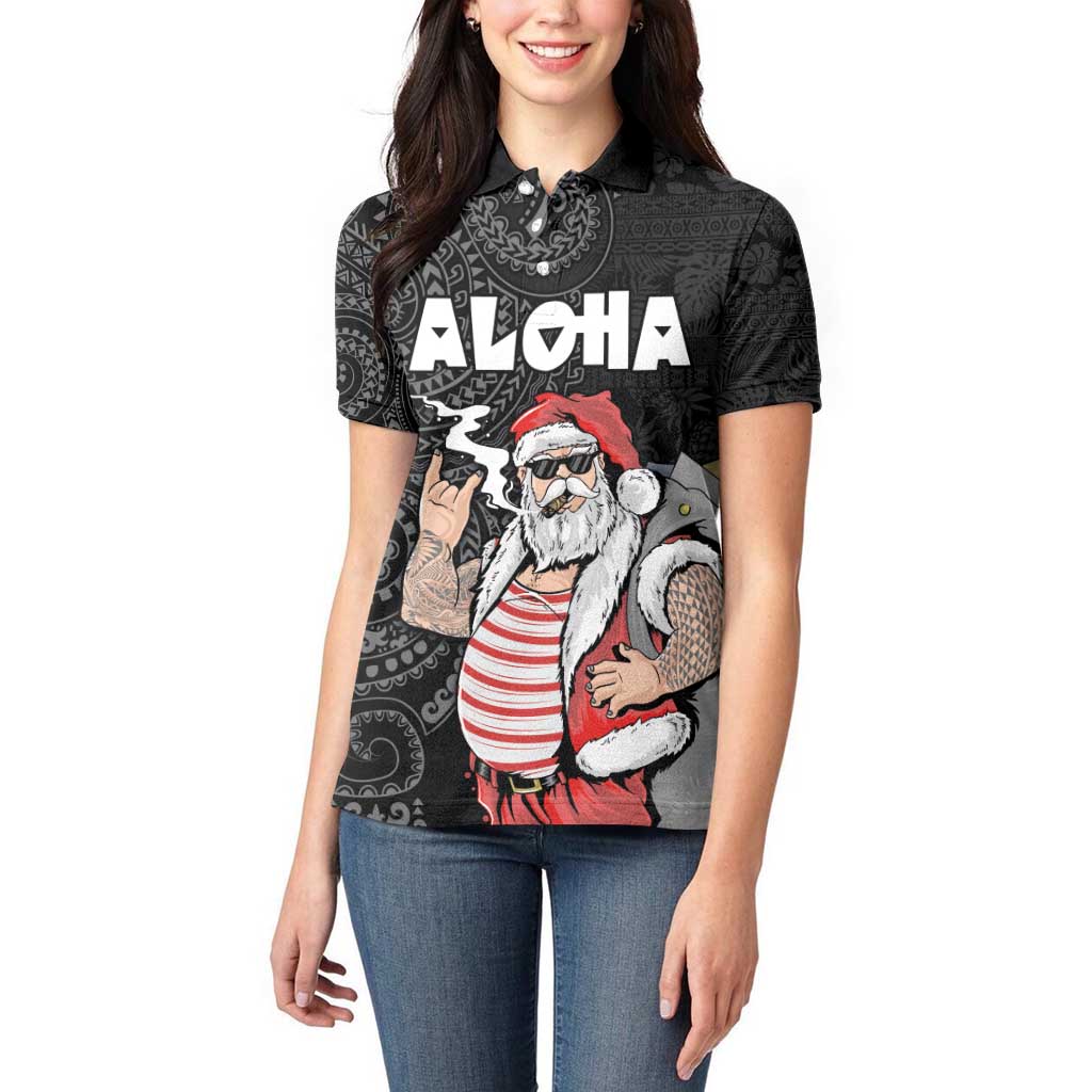 Hawaii Aloha Santa Claus Funny Polynesian Tattoo Women Polo Shirt Black Color LT03 - Polynesian Pride