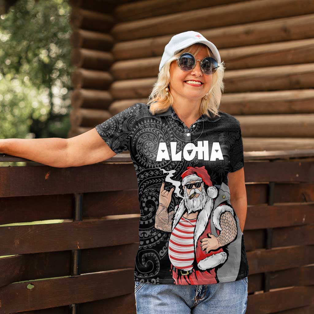 Hawaii Aloha Santa Claus Funny Polynesian Tattoo Women Polo Shirt Black Color LT03 - Polynesian Pride