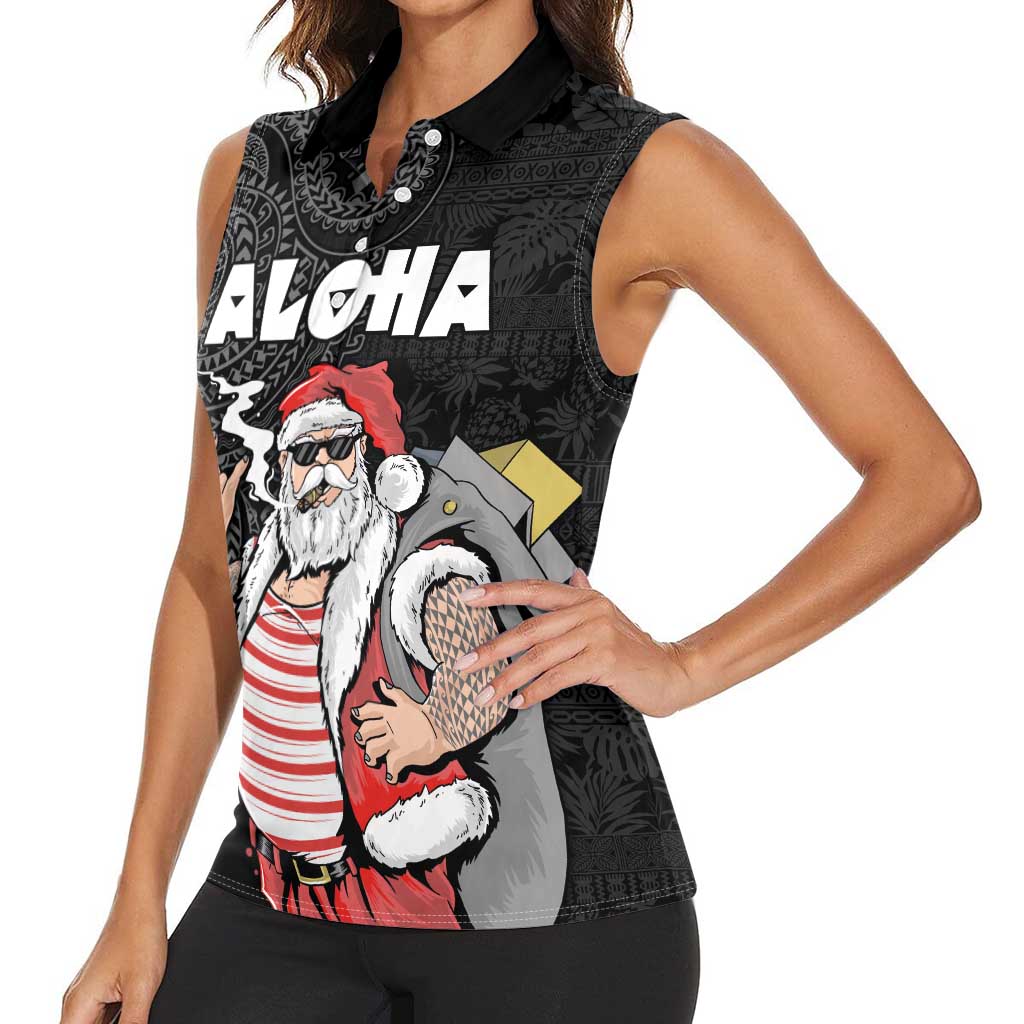 Hawaii Aloha Santa Claus Funny Polynesian Tattoo Women Sleeveless Polo Shirt Black Color LT03 - Polynesian Pride