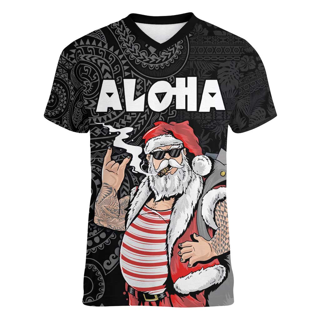 Hawaii Aloha Santa Claus Funny Polynesian Tattoo Women V-Neck T-Shirt Black Color LT03 Female Black - Polynesian Pride