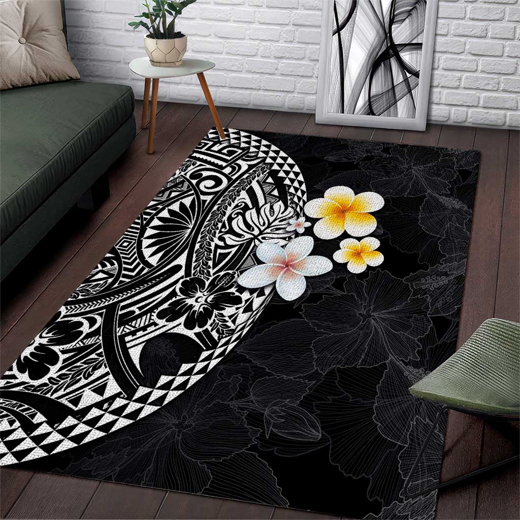 Hawaiian Hibiscus and Plumeria Polynesian Tribal Tattoo Area Rug Black Color LT03 Black - Polynesian Pride